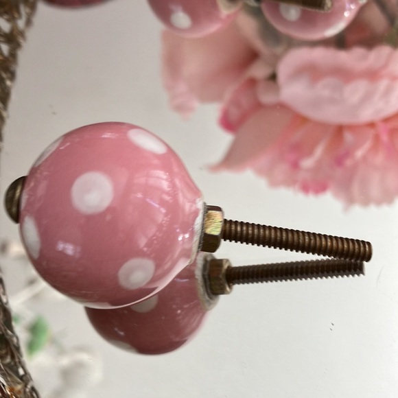 Ceramic Drawer Pulls, White Polka Dots on Pink Background. Set of 6 - Picture 2 of 5